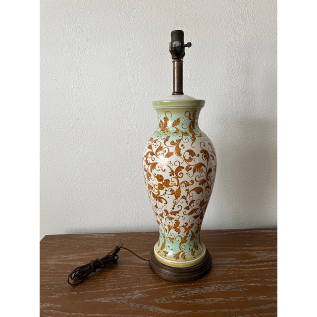 English Vintage Hand-Painted Italian Style Ceramic Table Lamp With Ochre Scrollwork & Celadon Green Accents For Sale - Image 3 of 11
