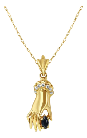 Diamond & Sapphire Mudra Hand Necklace .26cttw 14k Yellow Gold 16"