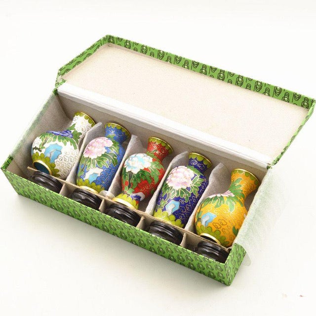 Mid 20th Century Set of 5 Miniature Chinese Cloisonné Vases | Floral Motif With Wood Stands & Box For Sale - Image 5 of 15