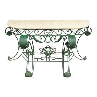 65" W Ornate Italian Regency Style Green Wrought Iron Marble Top Console Table For Sale