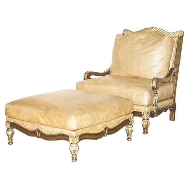 Set of Large Vintage Italian Brown Leather & Giltwood Throne Armchair & Footstool For Sale