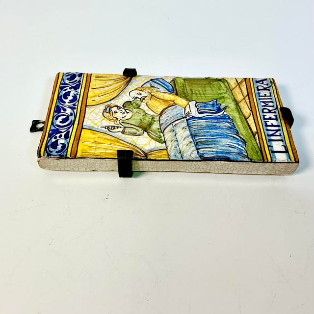 Vintage Rustic European Mediterranean Italian Castillo Tin-Glazed Majolica Hand-Painted Tile, Iron Bracket For Sale - Image 10 of 13
