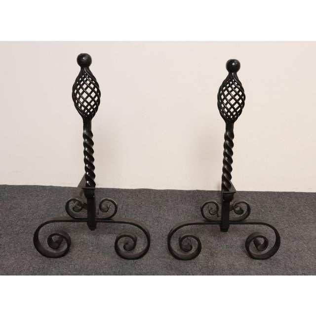 Victorian Pair of Gothic Revival Firedogs / Andirons With Basket Twist and Scroll Motif For Sale - Image 3 of 15