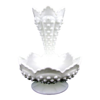 Vintage Mid-Century Modern Fenton Hobnail Milk Glass Epergne With Single Horn For Sale