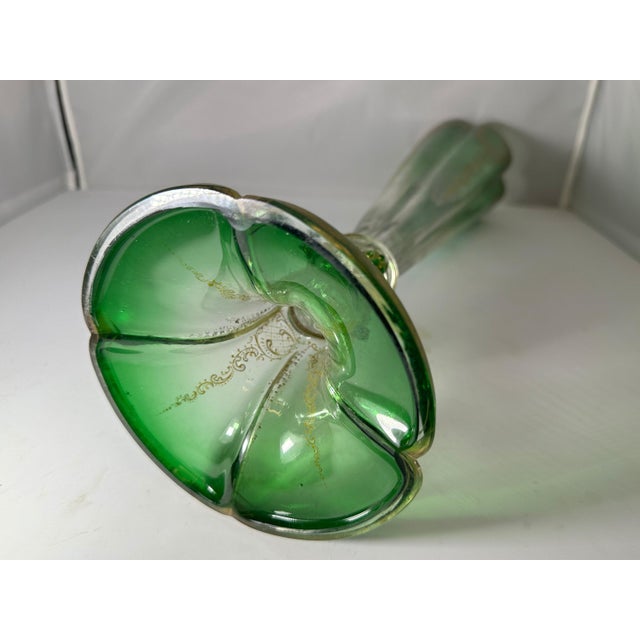 Antique Moser Green to Clear Trumpet Vase: Bohemian Gold Gilt Decor (18.5") For Sale - Image 9 of 10