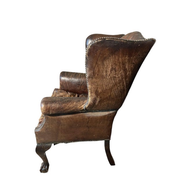 Coffee Antique English Leather Chesterfield Wingback Chair For Sale - Image 8 of 12