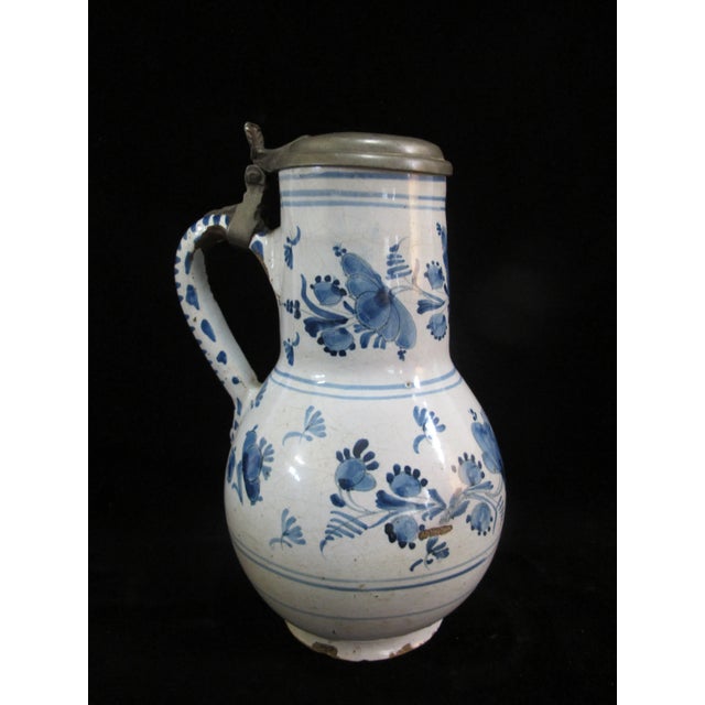 German Faience Pottery Pewter Mounted Blue & White Birnkrug Tankard Pitcher For Sale - Image 11 of 11