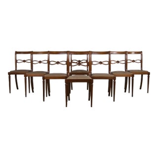 Antique French Neoclassical Louis XVI Style Walnut Dining Chairs W/ Beige Velvet - Set of 8 For Sale
