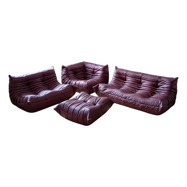 Togo Set in Burgundy Brown Leather, 1970s, Set of 5 For Sale