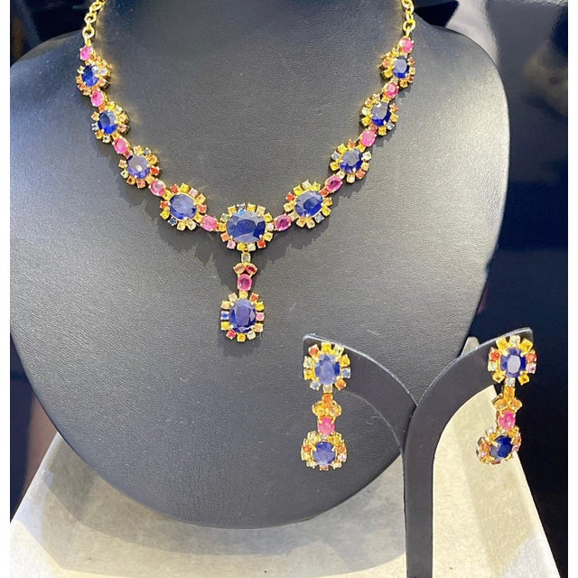 Metal Bochic “Capri” Blue, Multi Sapphire & Ruby Necklace Set 18K Gold & Silver For Sale - Image 7 of 11