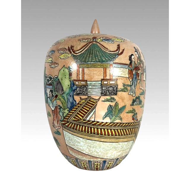 Early 20th Century Antique Chinese Peach Orange Pavillion Ginger Jar With Celebration Parade and Red Crowned Cranes For Sale - Image 5 of 12