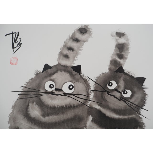 Laszlo Tibay, Pair of cats, Ink and Wash For Sale - Image 4 of 5