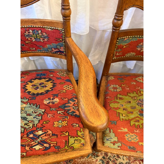 Set of Six, Antique, Oak Dining Chairs Covered With Ralph Lauren Kilim Fabric, Early 1900s For Sale - Image 10 of 11