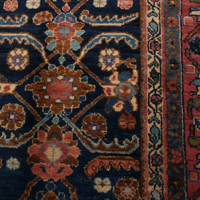 Persian Antique Hamadan Geometric-Floral Red and Navy Blue Wool Persian Rug For Sale - Image 3 of 7