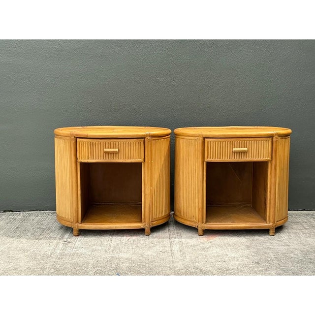 Wood Vintage Rattan Oval Nightstands - A Pair For Sale - Image 7 of 12