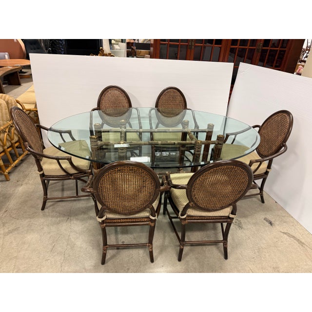 Brown McGuire Furniture Oval Glass Top Dining Table + Six Double Cane Back Dining Armchairs, Vintage Set For Sale - Image 8 of 15