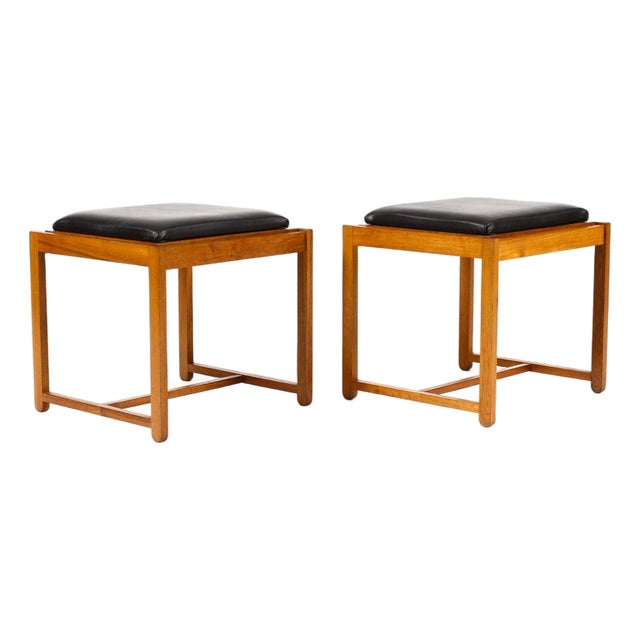1960s Danish Modern Mid Century Teak Flip Top Ottoman Side Tables — Erik Buch — Black Leather — Pair For Sale