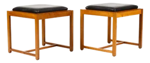 1960s Danish Modern Mid Century Teak Flip Top Ottoman Side Tables — Erik Buch — Black Leather — Pair