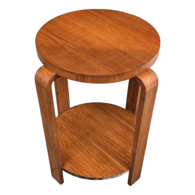 1930s French Art Deco Walnut Side Table With Sculptural Architectural Base- Fully Restored, Open Shelf For Sale