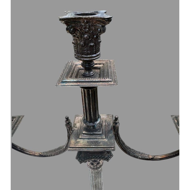 Antique Silverplate Candelabra Pair 3 Light Corinthian Column 22” Tall Ornate For Sale - Image 6 of 10