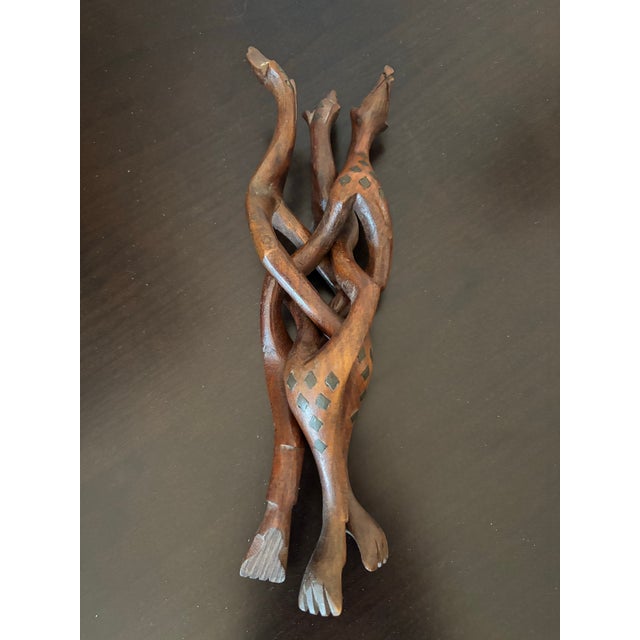 Hand‑Carved Hardwood Interlocking Serpent Tripod Stand For Sale - Image 6 of 6