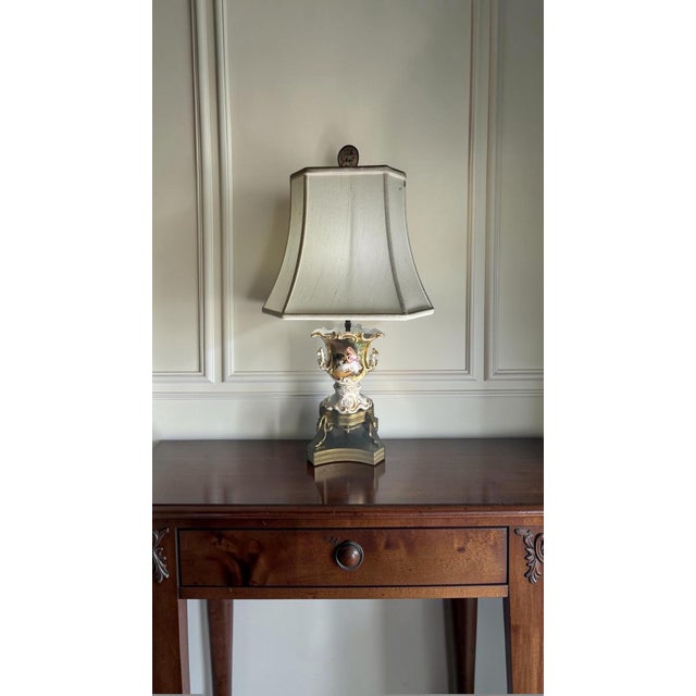 Mid 19th Century 19th Century French Vieux Paris Hand-Painted Porcelain Vase Table Lamp Gilt Brass Swan Base. For Sale - Image 5 of 12