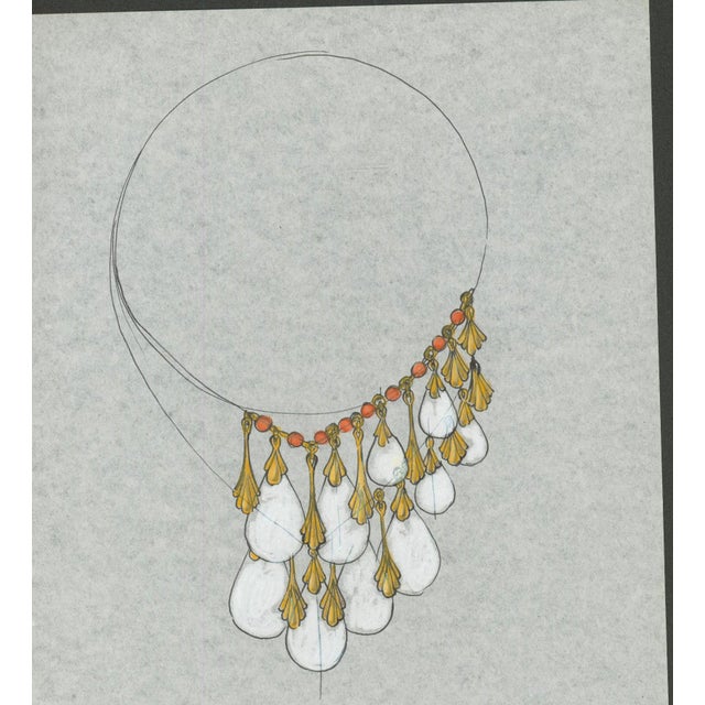 Original jewelry design drawing depicting an elaborate necklace with cascading pearl-like drops, coral-red bead accents...