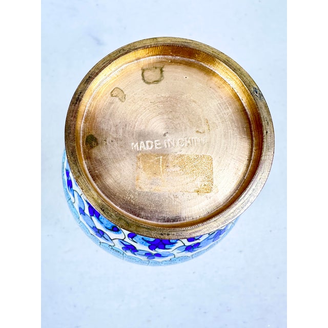 Blue Mid-20th Century Chinese Blue & White Cloisonné Brass Vases - A Pair For Sale - Image 8 of 8