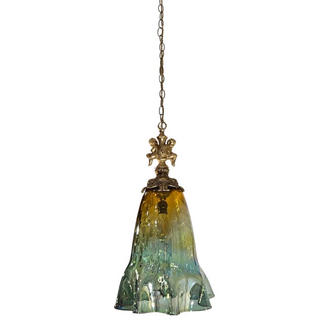 Large Art Glass Fazzoletto Green Amber Cherub Pendant Light For Sale - Image 10 of 18