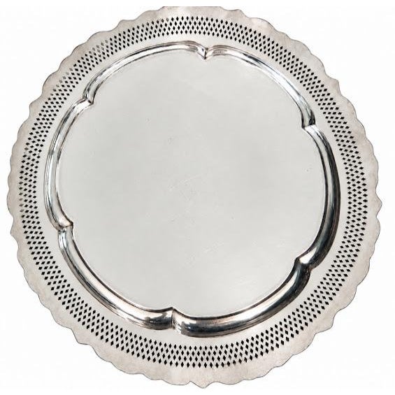 Large Mid-Century modern serving/tea set tray. Featuring an ornate reticulated lattice rim with repousse grape clusters...