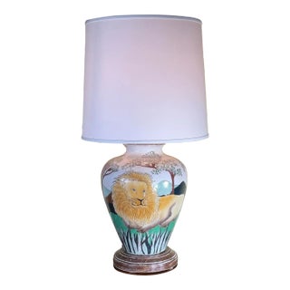 Lions Hand Painted Ceramic Table Lamp For Sale