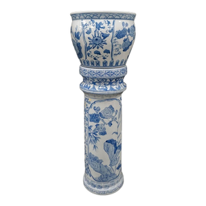 Mid 20th Century Mid-Century Chinese Blue and White Porcelain Vase and Pedestal, a Set