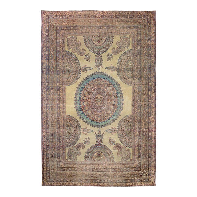 Amazing Tan-Ecru Background Color Medallion Design Antique Persian Kirman Laver Rug For Sale