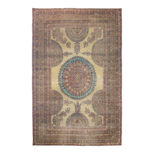 Amazing Tan-Ecru Background Color Medallion Design Antique Persian Kirman Laver Rug