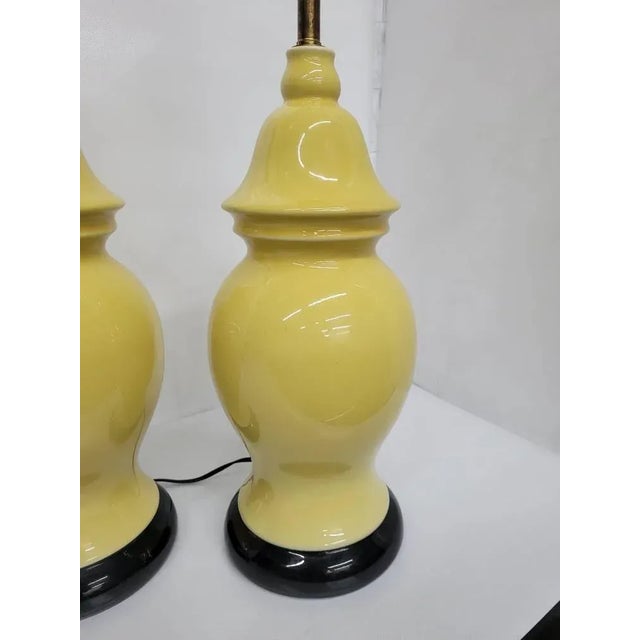 Black Mid Century Hollywood Regency Yellow Ceramic Ginger Jar Yellow Table Lamps - A Pair For Sale - Image 8 of 9