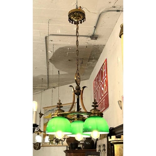 Gothic Antique Brass Neo Gothic Three Green Globe Ceiling Pendant Light Rewired For Sale - Image 3 of 10