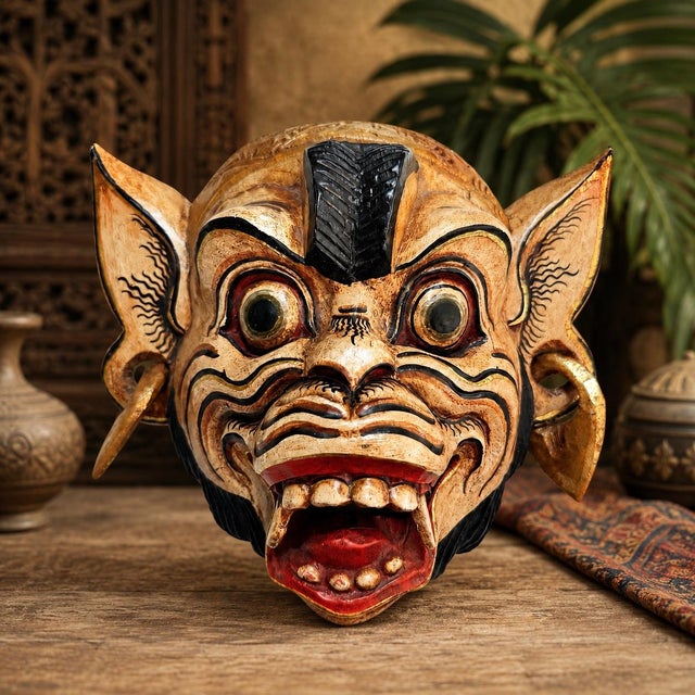 An expressive vintage Balinese monkey mask, hand carved from wood and individually painted in a warm palette of natural...