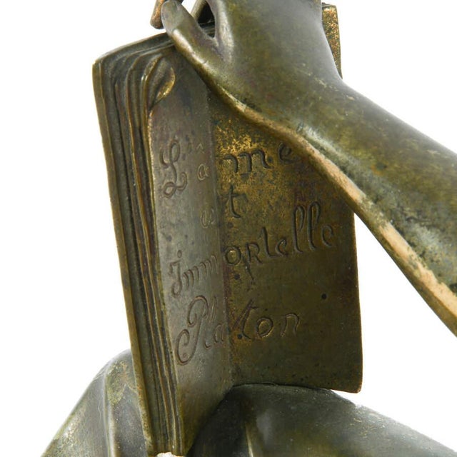 Metal Antique Classical Bronze Woman Reading Plato Statue After Jean-Jacques Pradier For Sale - Image 7 of 9