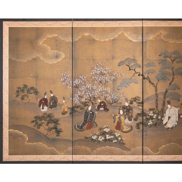 Stunning Japanese 4-panel painted Byobu (folding screen), depicting a scene from the 11th century classic work of Japanese...