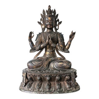 Large Gilt Bronze Statue of Bodhisattva Avalokiteshvara with Four Arms For Sale
