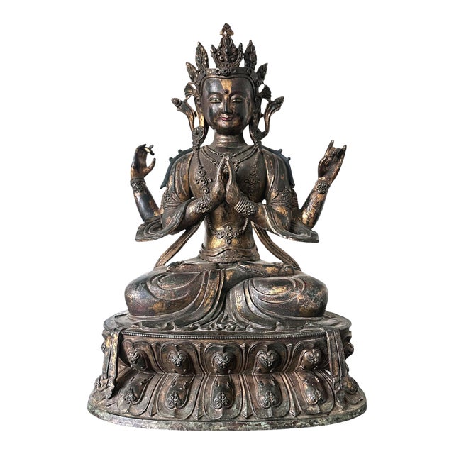 Large Gilt Bronze Statue of Bodhisattva Avalokiteshvara with Four Arms For Sale