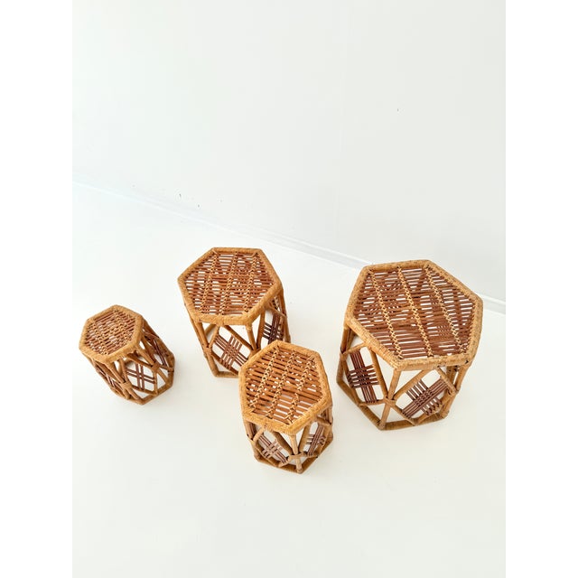 Hexagonal Rattan Stools in Geometric, Woven Lattice Design, 1970s, Set of 4 For Sale - Image 4 of 12
