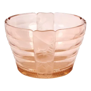 Art Deco Style Val Saint Lambert Fruit Bowl in Frosted Pink Glass Ribbed Glass With Fruit Relief Circa 1940s