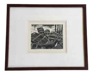 “Monterey Boats" California Nautical Lithograph by Listed Artist Leo Meissner, Framed