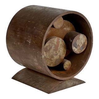 Vintage Rusty Steel Metal Cylindrical Tabletop Art Sculpture - After Richard Serra For Sale