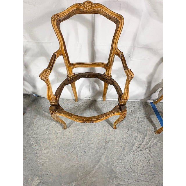 A darling set of 4 Louis XV carved dining chair frames. They feature intricate carvings such as the flower detail on the...