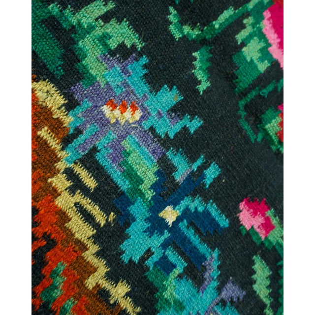 Rustic Vintage Romanian-Moldovan Bessarabian-Style Handwoven Wool Rug with Dark Floral Folk Pattern, Blue Field, and Fringe, 1970s For Sale - Image 3 of 10