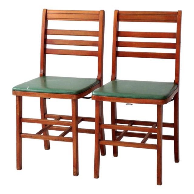 Vintage 1950s Wooden Folding Chairs With Green Upholstered Seats Pair For Sale