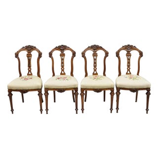 Antique Victorian Carved Walnut French Tapestry Parlor Side Chairs - Set of 4 For Sale