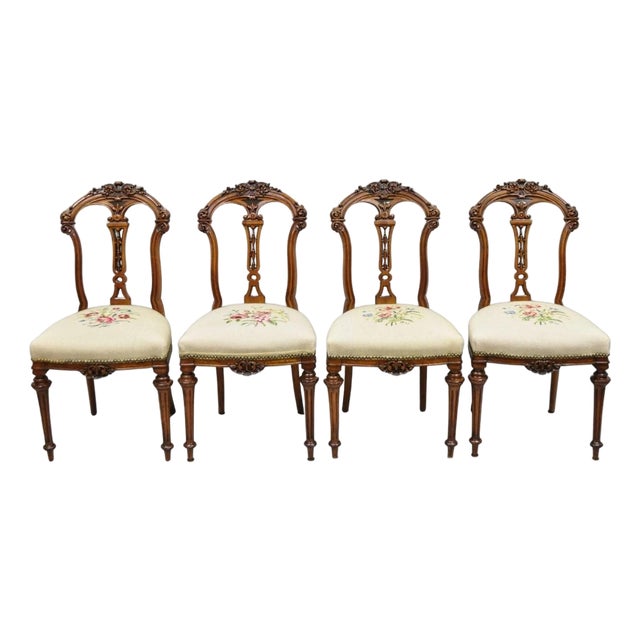 Antique Victorian Carved Walnut French Tapestry Parlor Side Chairs - Set of 4 For Sale